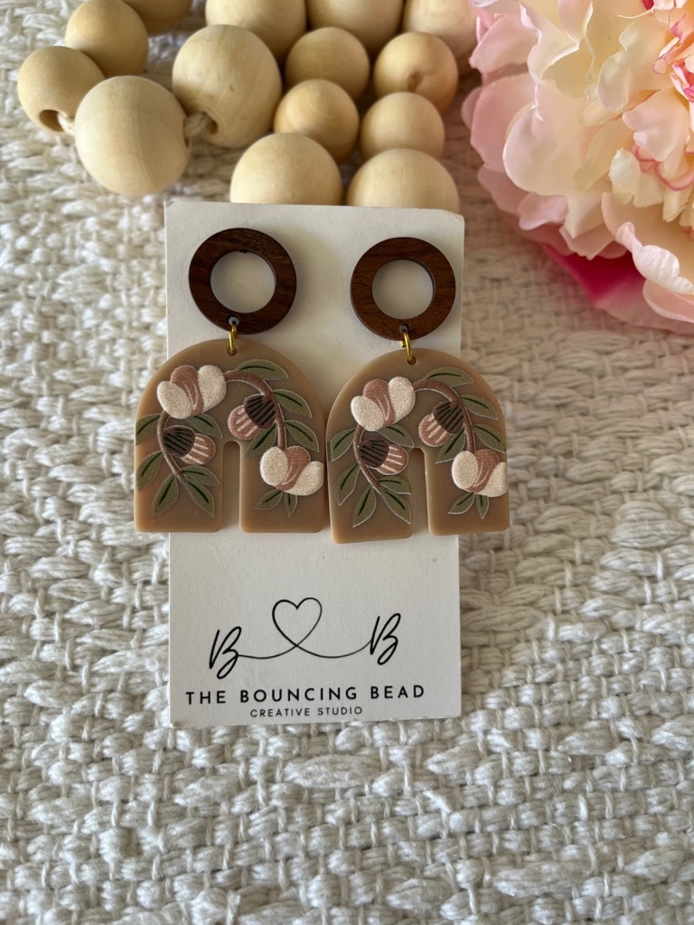 The Bouncing Bead Floral Arch Dangle Earrings - Taupe, Blush & Olive